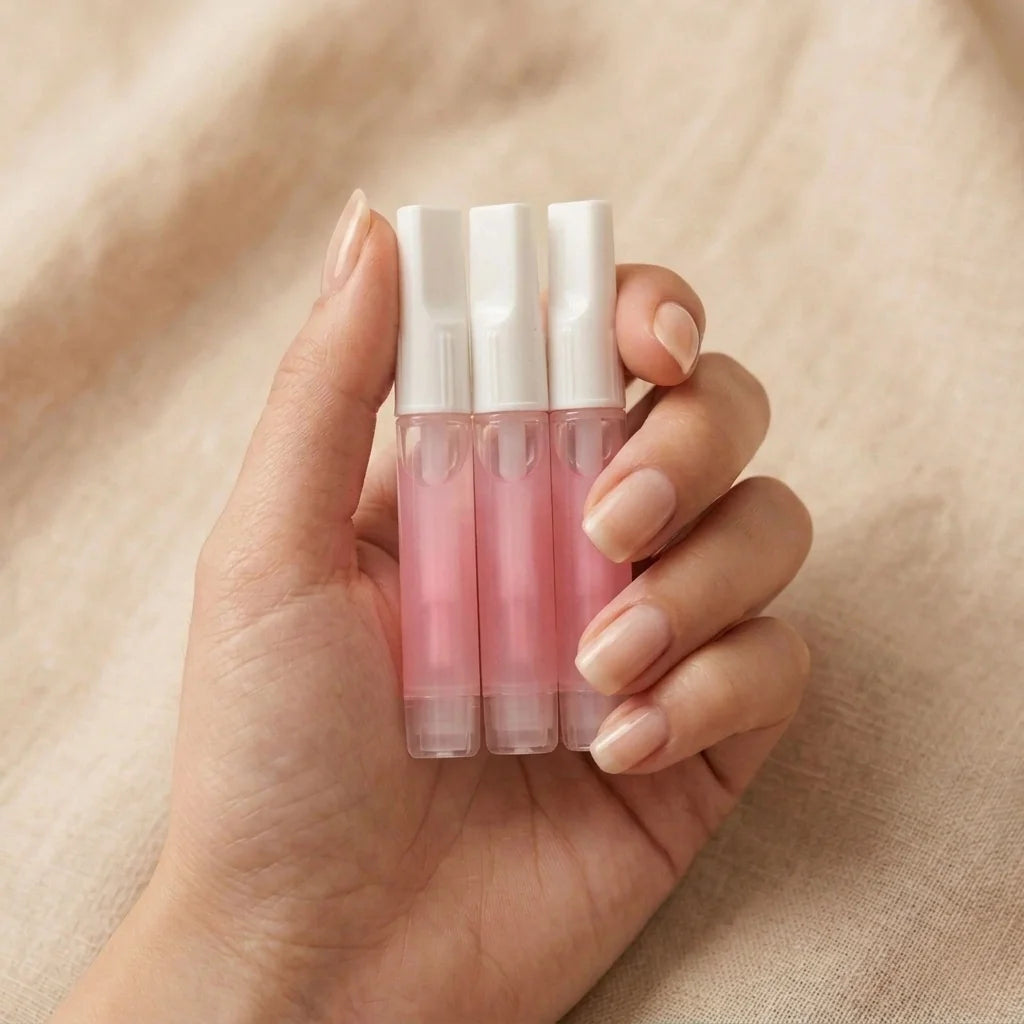 Glow Glue rosa liquid nagellim i hand – tre tuber pensellim för press-on naglar