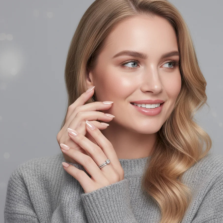 Heavenly Halo lifestyle – mjuk nude pearl manikyr i mandelform mot grå stickad tröja