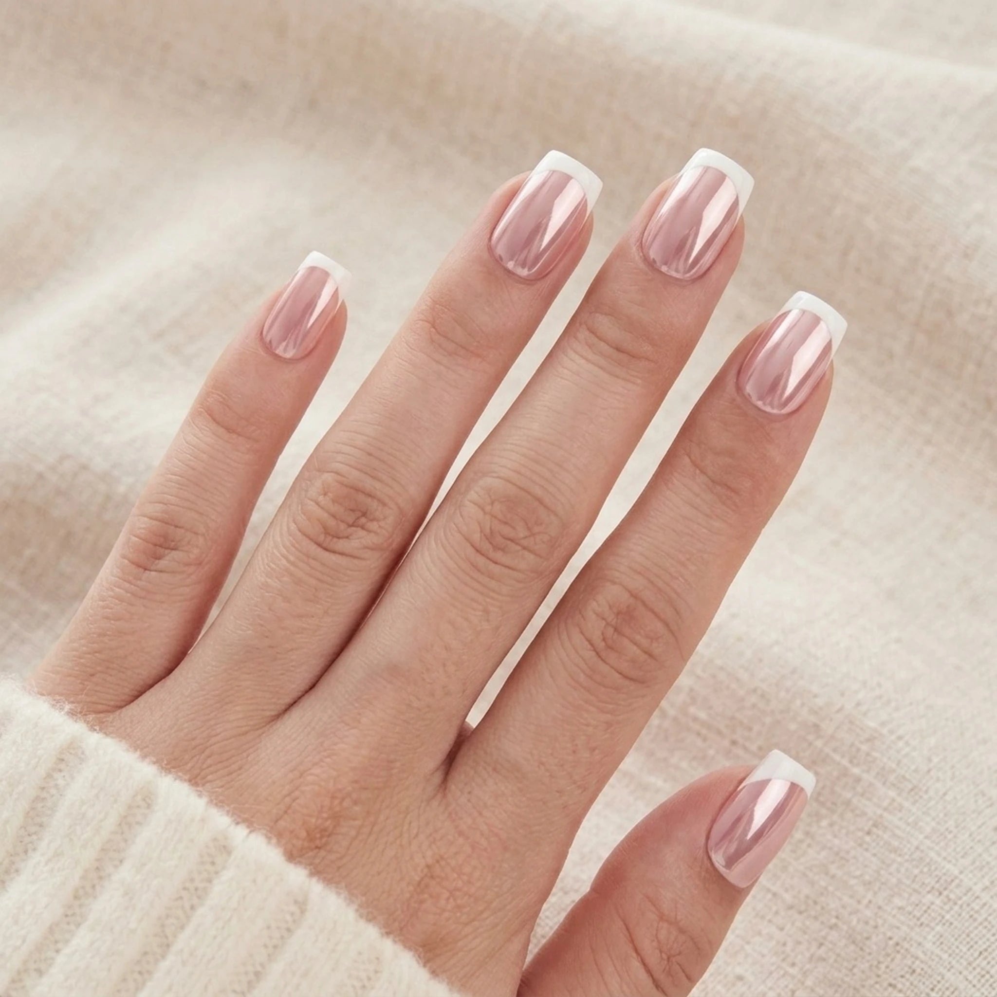 Classic Chrome press-on naglar i fyrkantig form med rosa chrome-finish