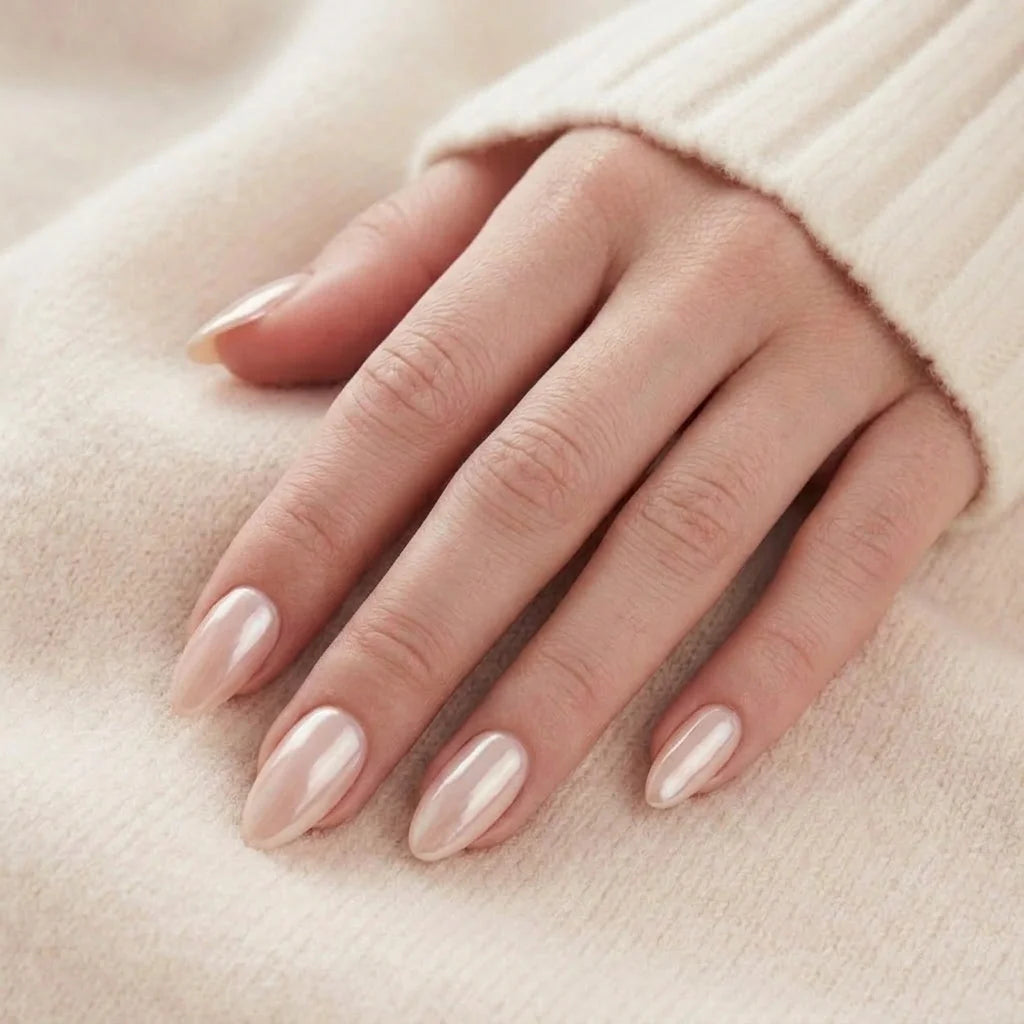 Heavenly Halo naglar på hand – nude pearl glow i mandelform mot beige stickad tröja