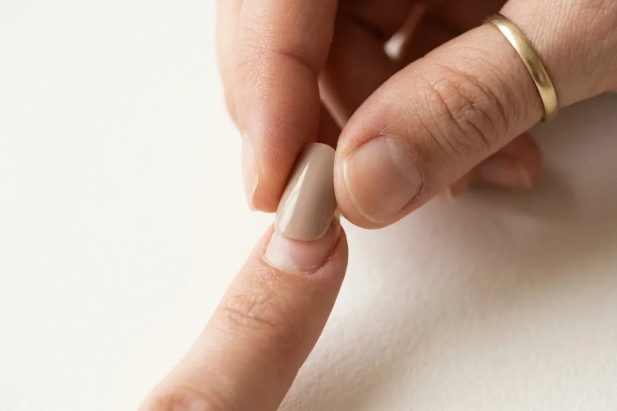 Hand som applicerar en nude press-on nagel på den naturliga nageln