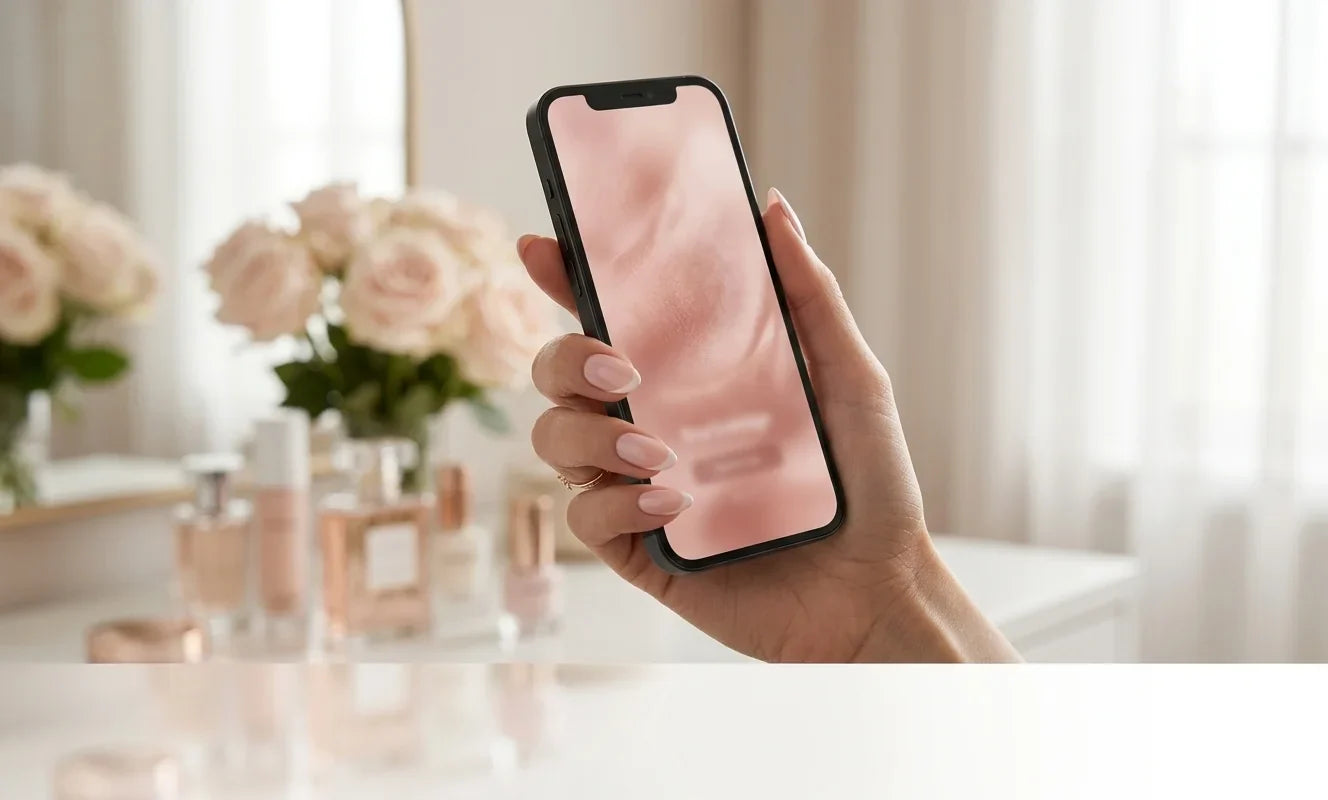 Hand med nakenrosa press-on naglar håller en telefon med XNails-appen