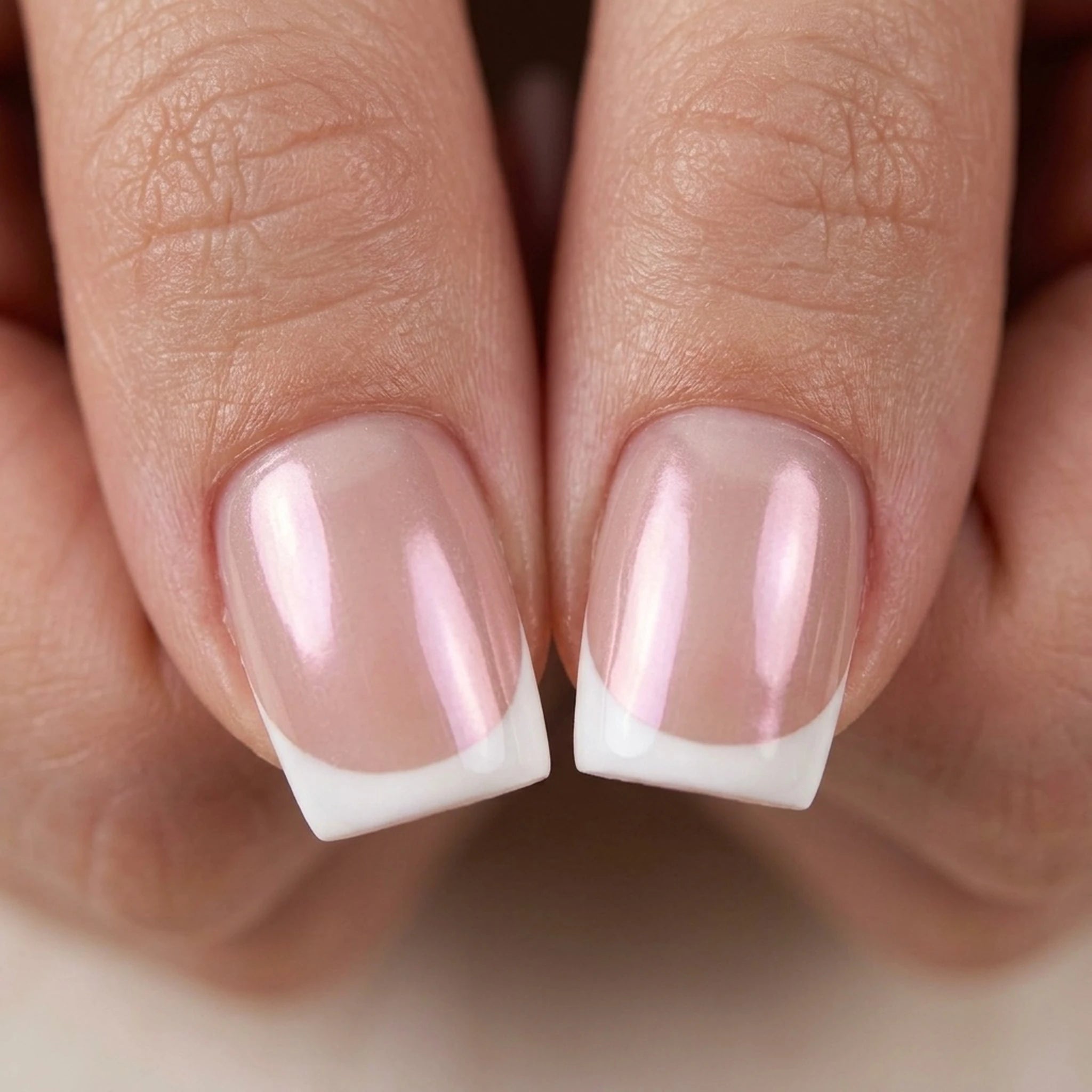 Classic Chrome press-on naglar i fyrkantig form, vit fransk tip med nude-rosa pärl-chrome