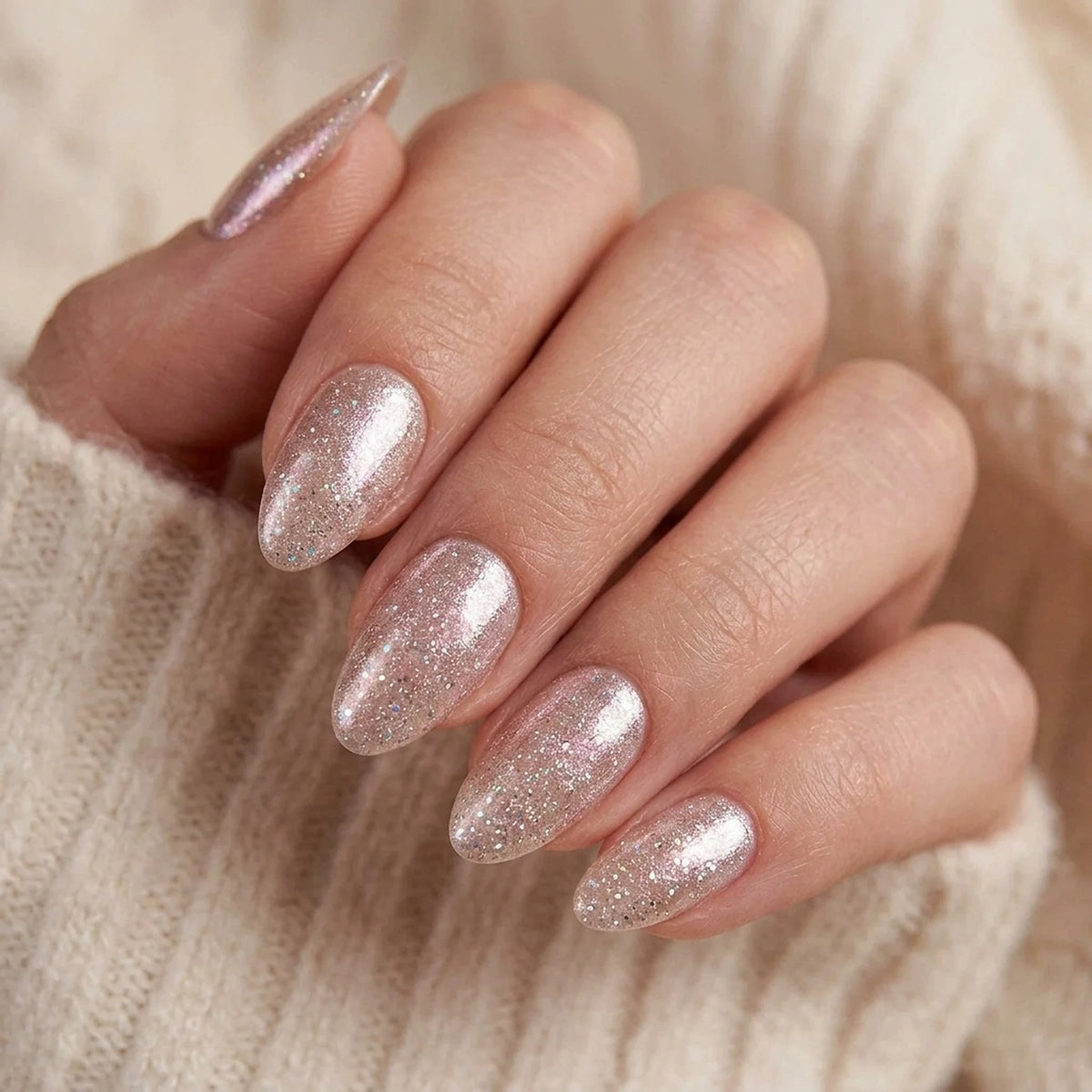 Candy Chrome press-on naglar i mandelform, rosa champagne pärl-chrome