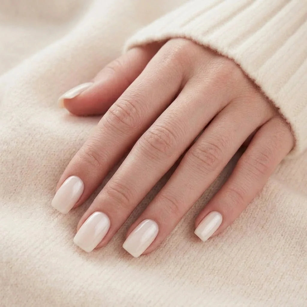 Pure Pearl naglar på hand – kort square mjölkvit pearl mot beige stickat tyg