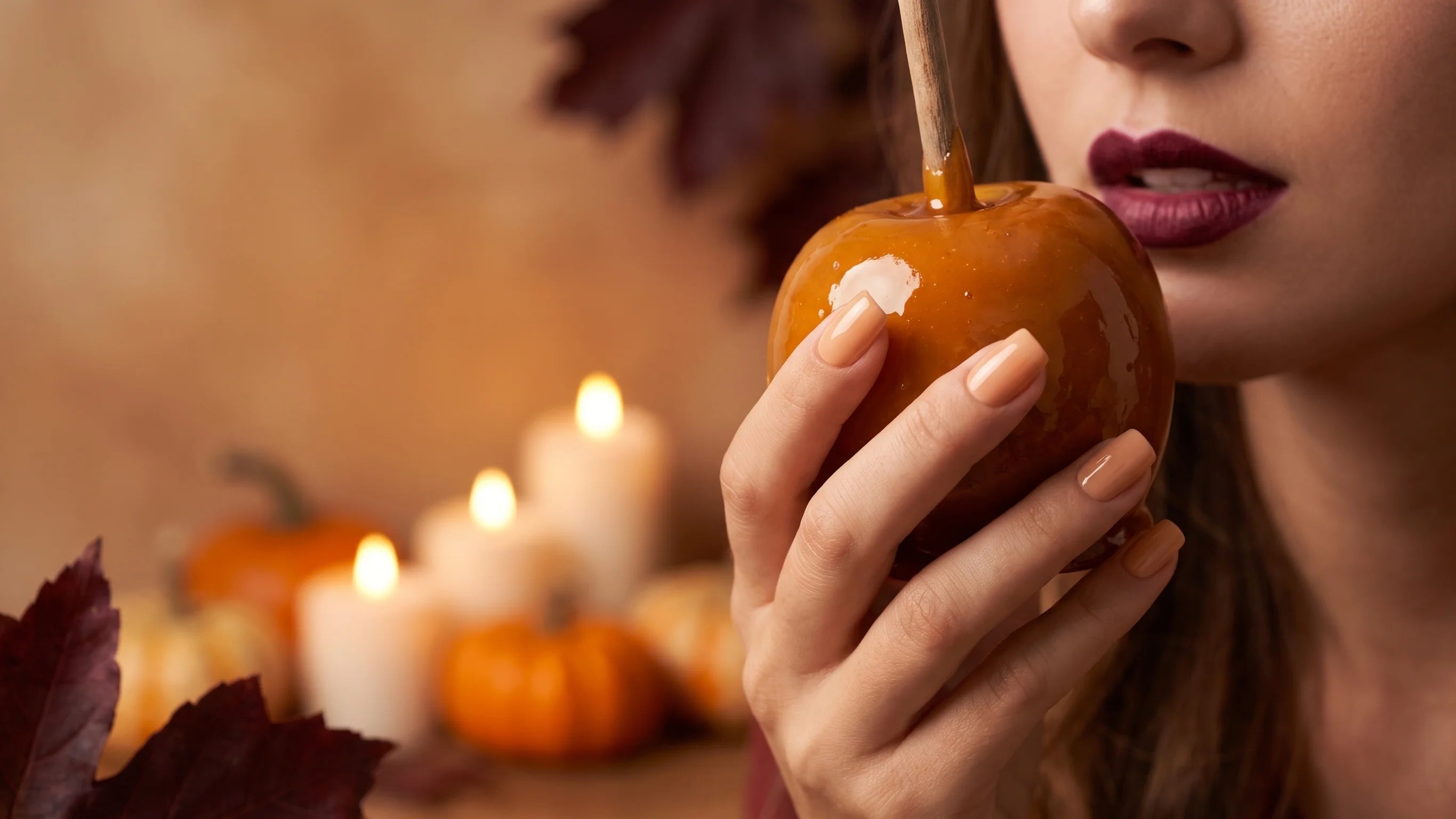 Honey Heaven press-on naglar – varm honungsnude kort square, höstig Halloween-stämning
